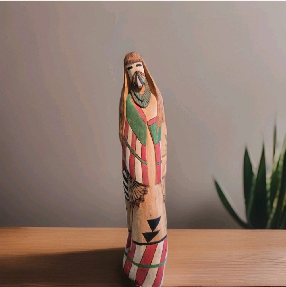 Double Figure Kachina Longhair Derrick Yazzie Navaho Wood Carving 13"